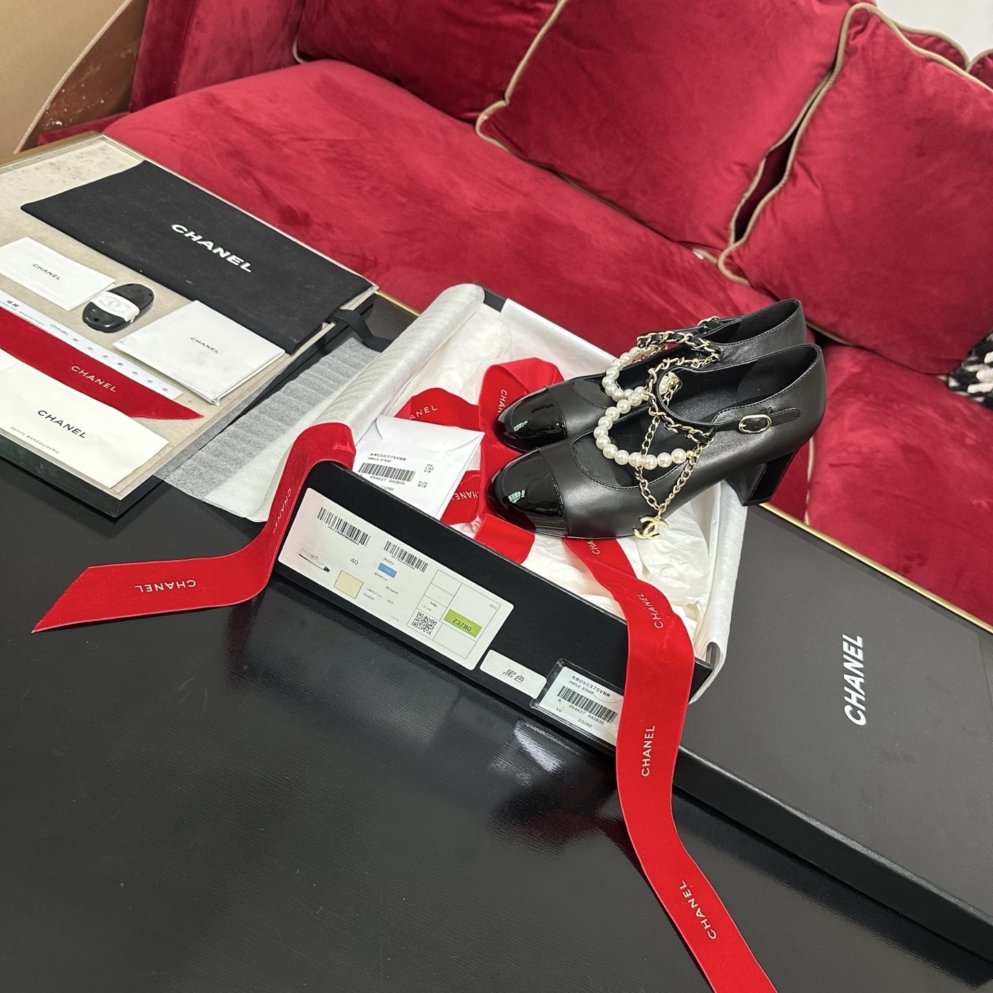 Chanel Black Leather Mary Jane Pumps with Pearl & Gold Chain Strap