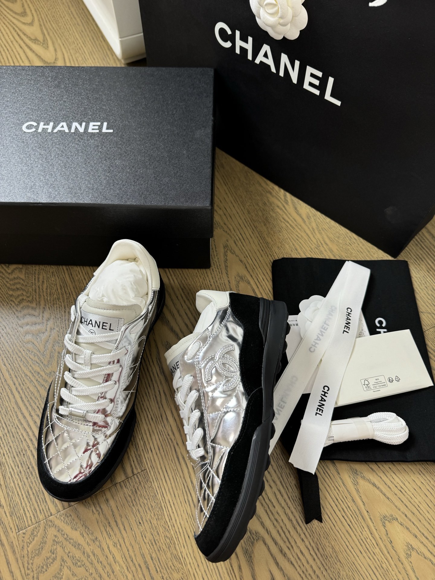 Chanel Silver Metallic Quilted Leather Sneakers with Black Accents