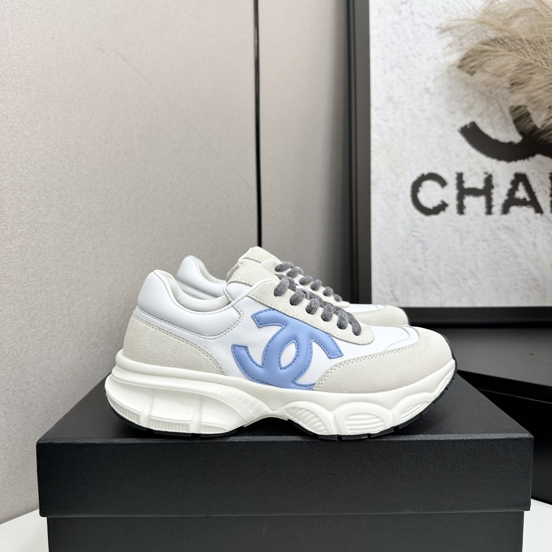 Premium Chanel White Blue Suede CC Logo Chunky Sneakers