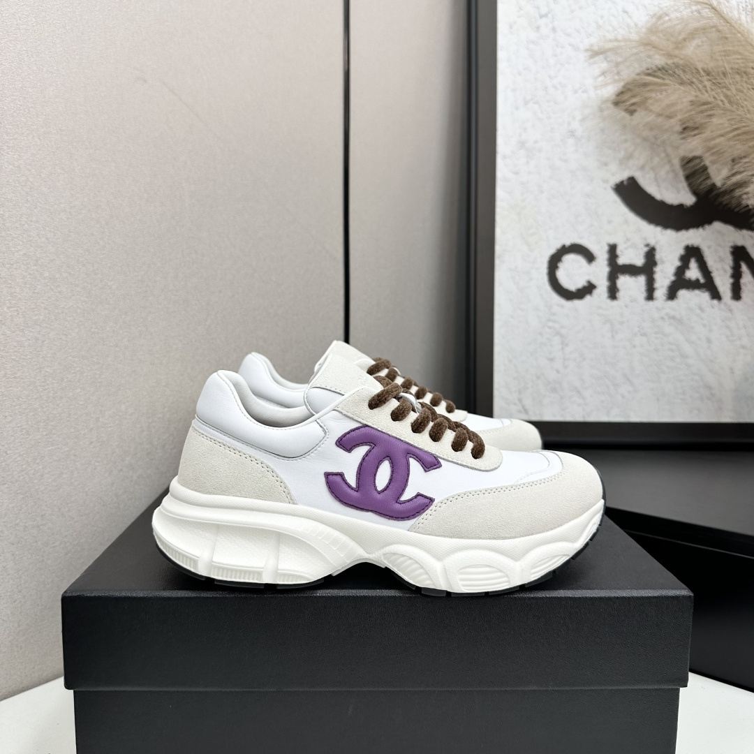 Chanel Luxury White Leather Sneakers with Purple CC Logo