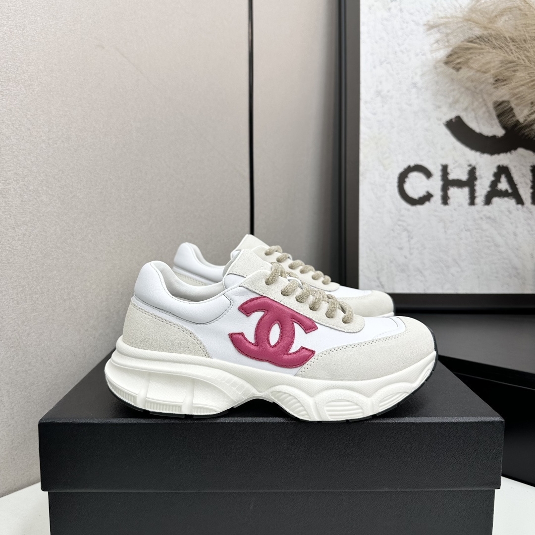Chanel White Leather & Suede Sneakers with Pink CC Logo