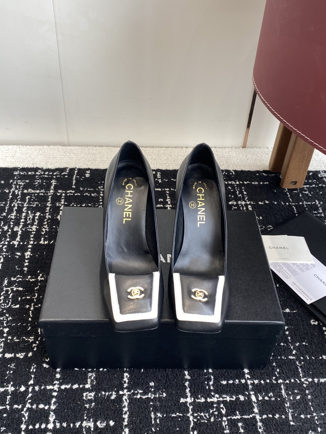 Chanel Black Leather Block Heel Pumps with CC Gold Logo