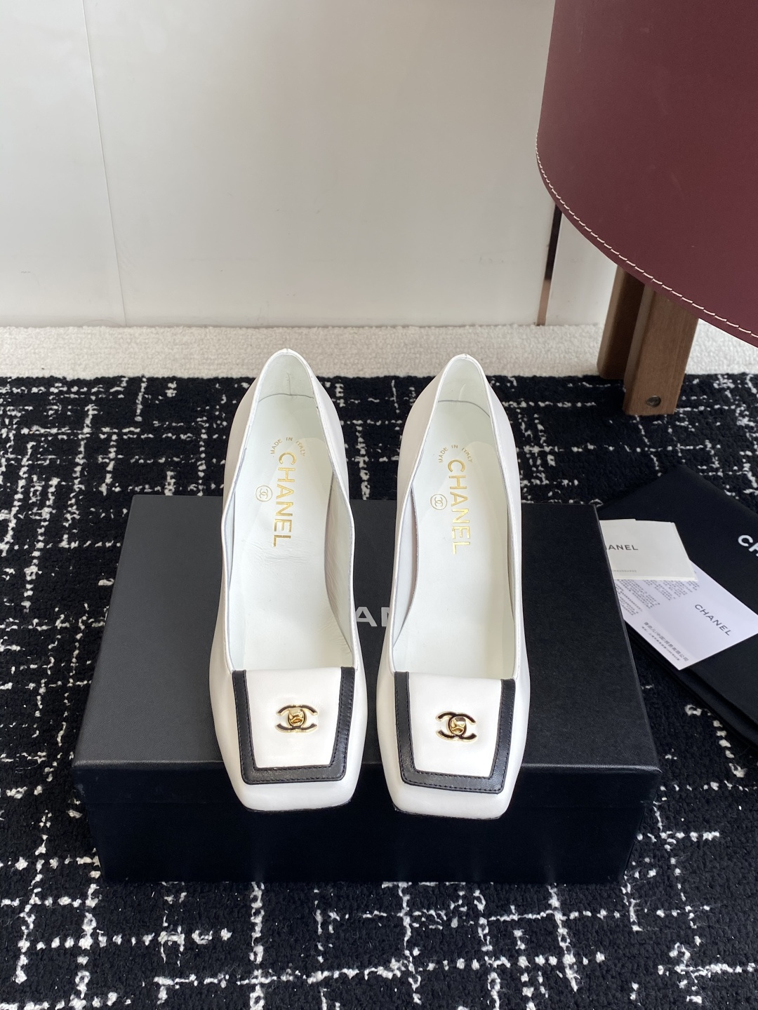 Chanel White Leather Square Toe Pumps with Gold CC Logo