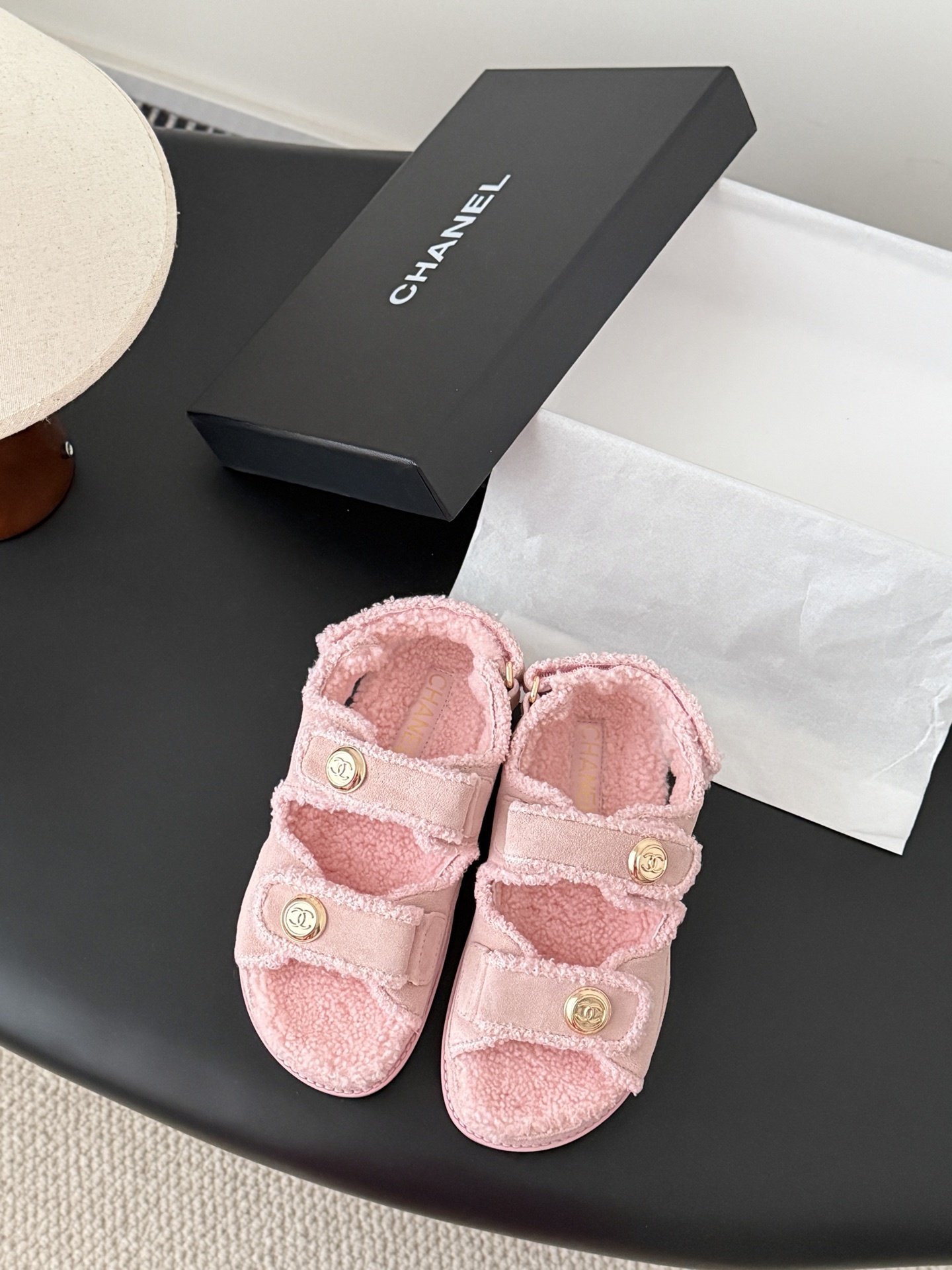Chanel Pink Shearling Dad Sandals with Gold CC Logo