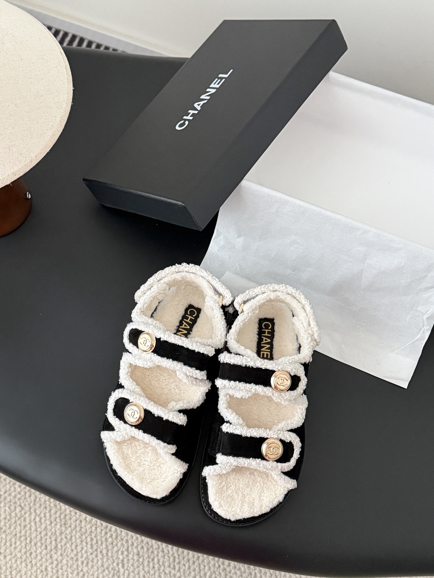 Luxury Black Suede Shearling Sandals with Gold CC Logo Buttons