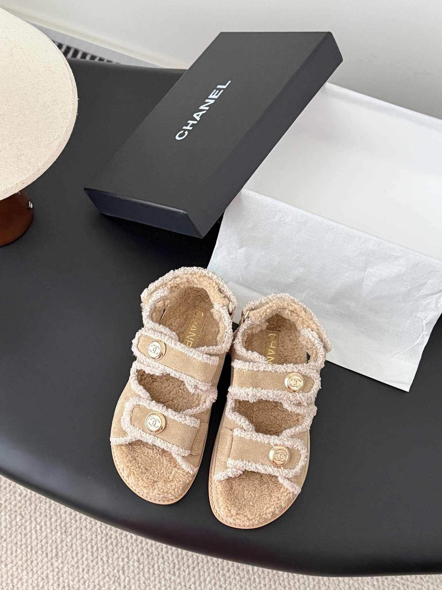 Chanel Beige Shearling Sandals with Gold-Tone CC Logo Details