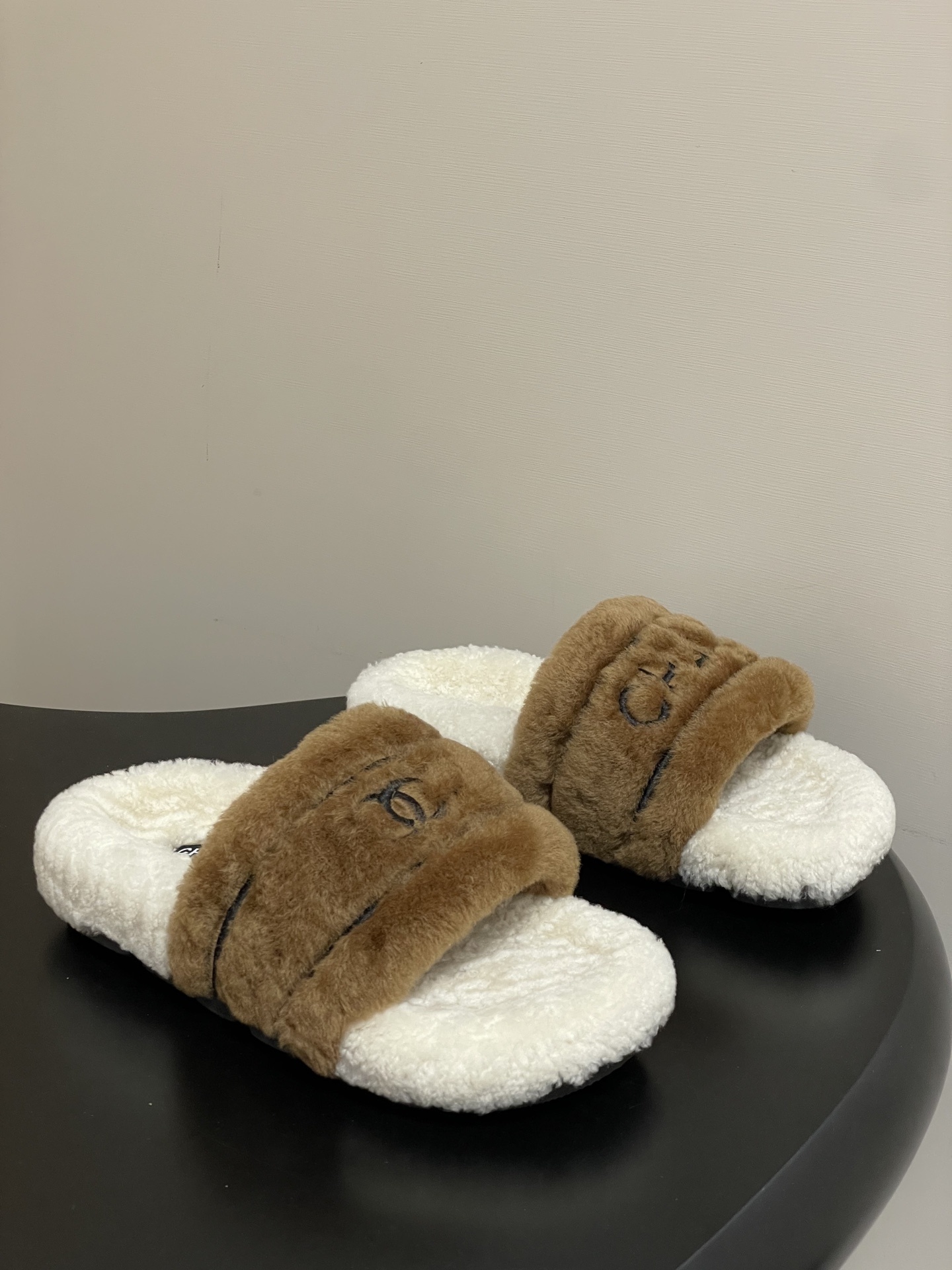 Luxury Chanel Faux Fur Slides Brown & White Shearling Sandals