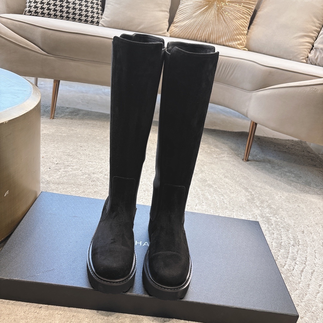 Luxury Black Suede Knee-High Boots with Chunky Lug Sole