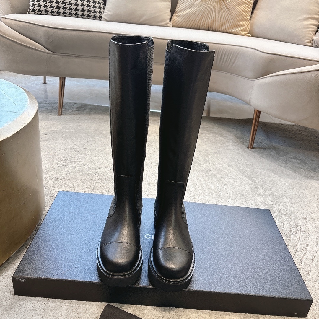 Premium Black Leather Knee-High Tall Chelsea Platform Boots