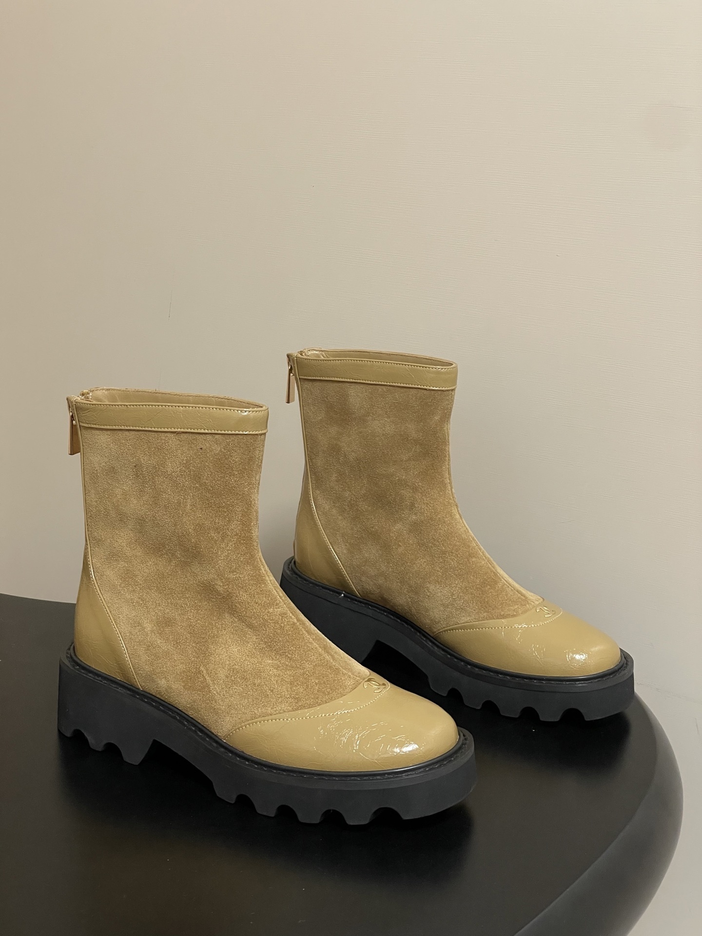 Chanel Beige Suede and Patent Leather Lug Sole Ankle Boots