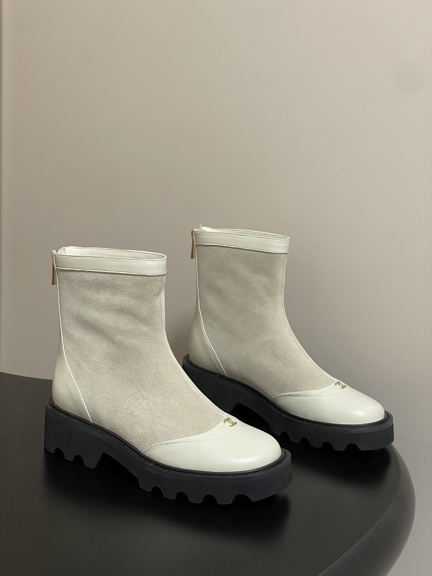 Women’s Designer White Suede and Leather Lug Sole Ankle Boots