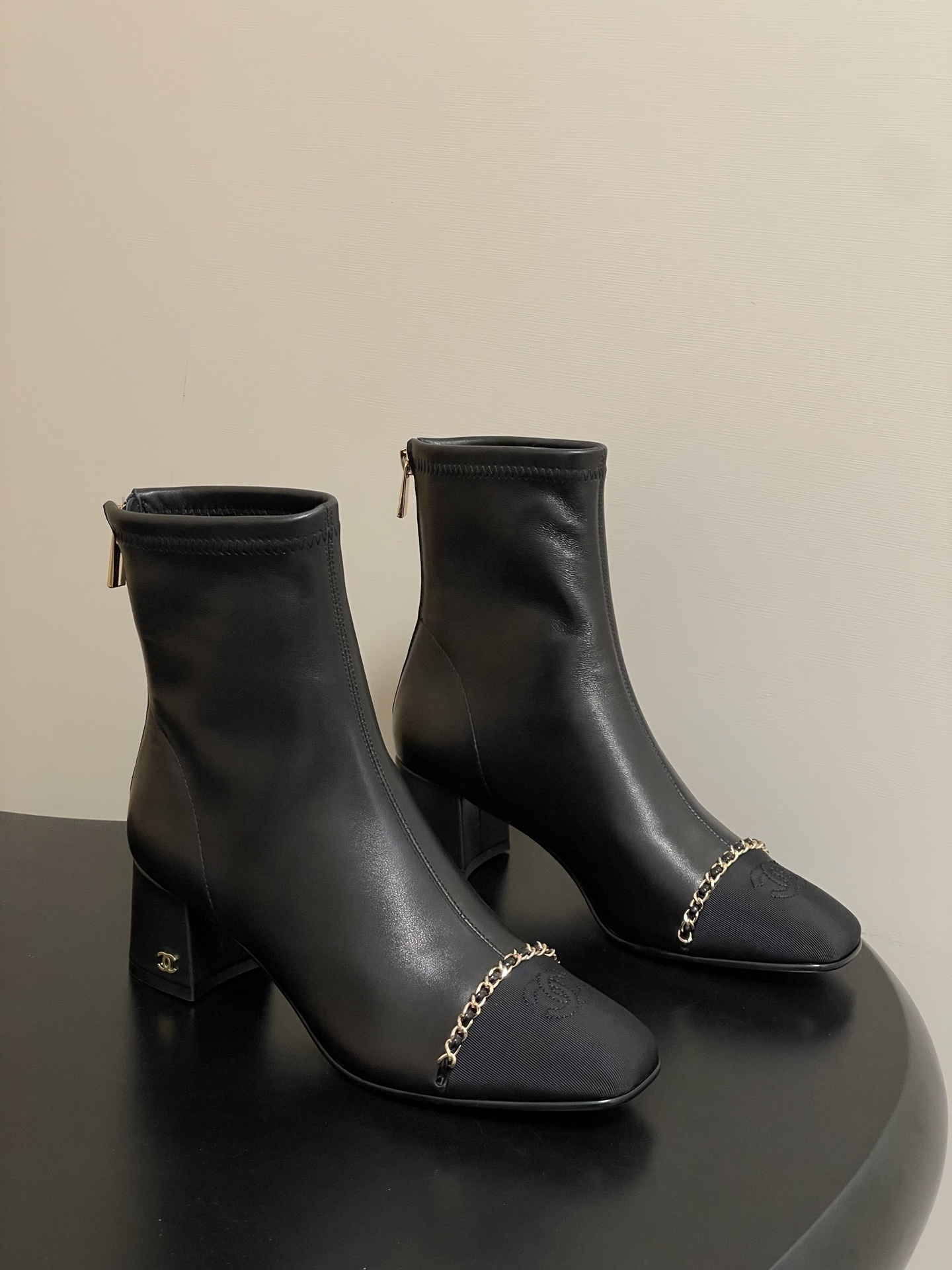 Luxury Black Leather Ankle Boots with Gold Chain & Block Heel