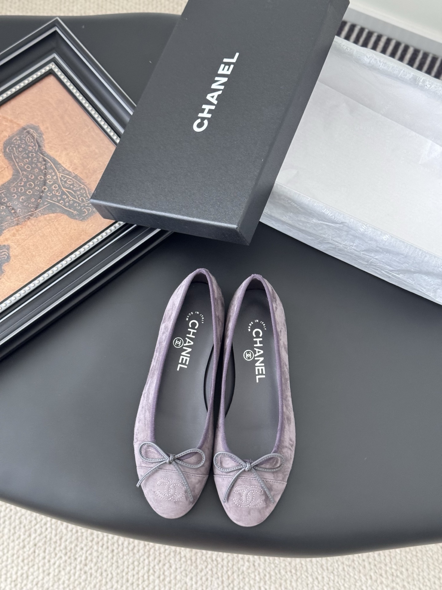 Chanel Classic Lavender Suede Ballet Flats with CC Logo