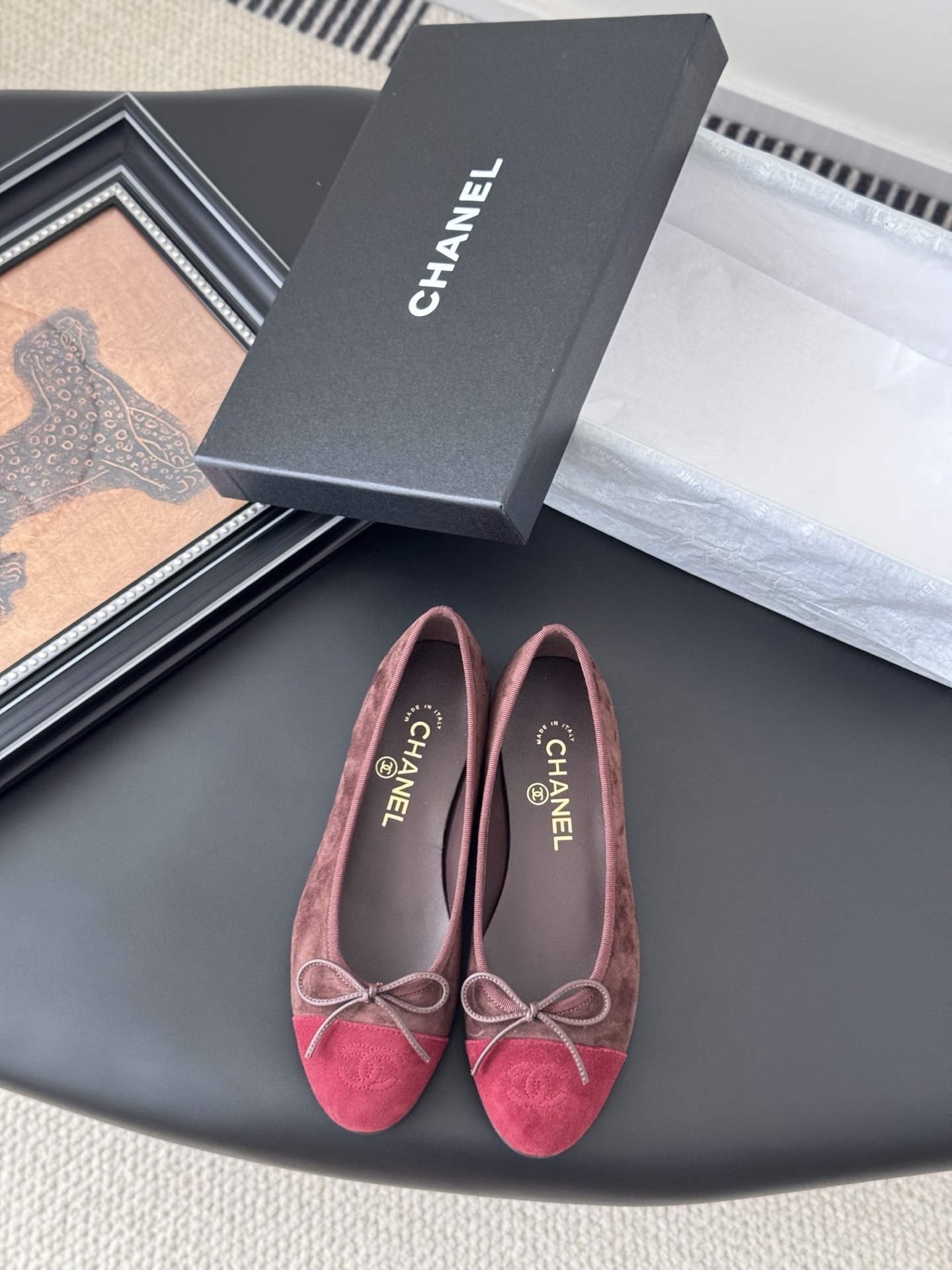Chanel Two-Tone Suede Ballet Flats – Burgundy and Red