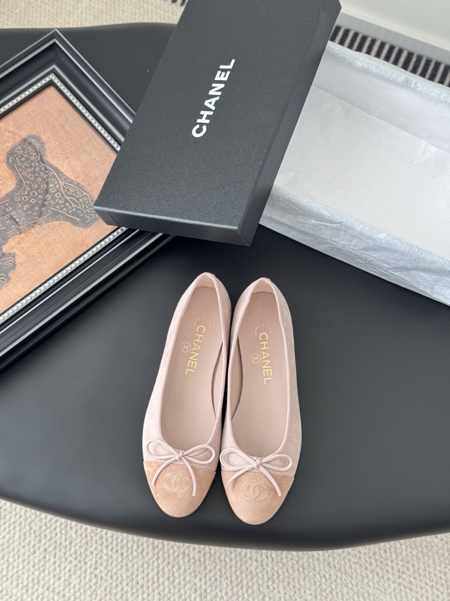 Chanel Classic Pink Suede Ballet Flats with CC Logo Toe Cap