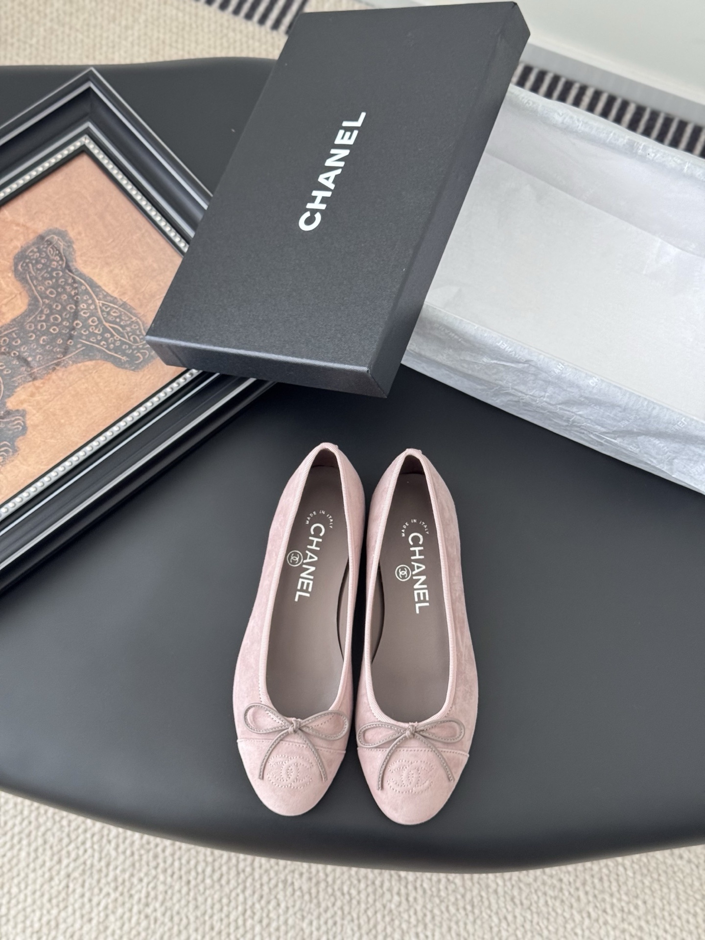Chanel Pink Suede Ballet Flats with Embroidered CC Logo