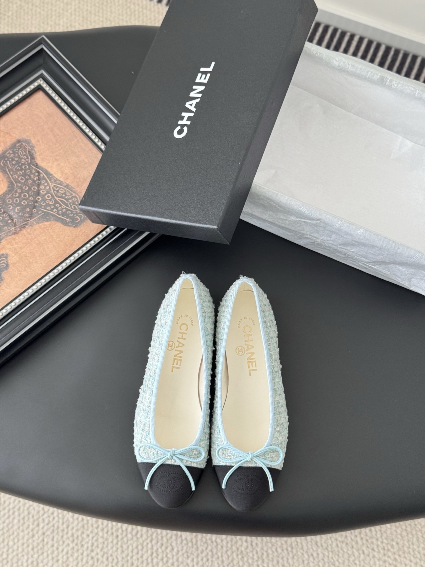 Chanel Tweed Ballerinas Light Blue & Black Cap-Toe Shoes