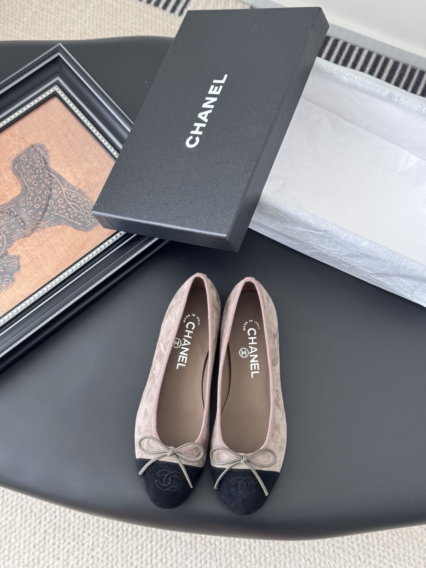 Chanel Classic Ballerina Flats Beige Velvet & Black Suede Cap Toe
