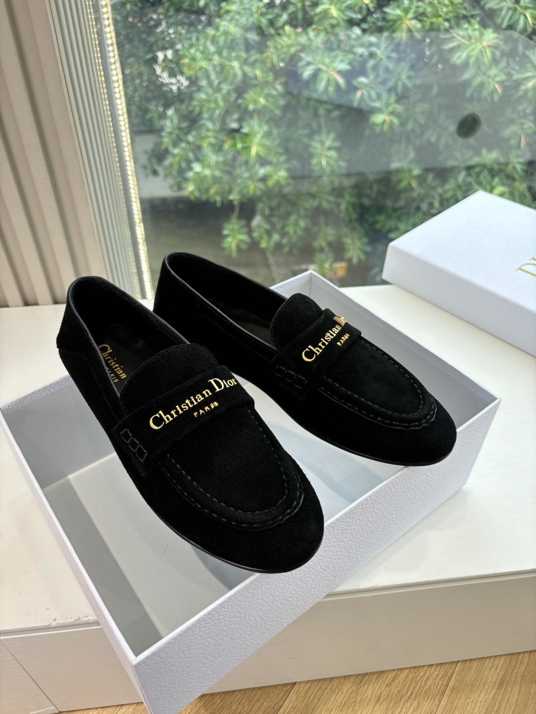 Christian Dior Black Suede Loafers with Gold Logo Branding