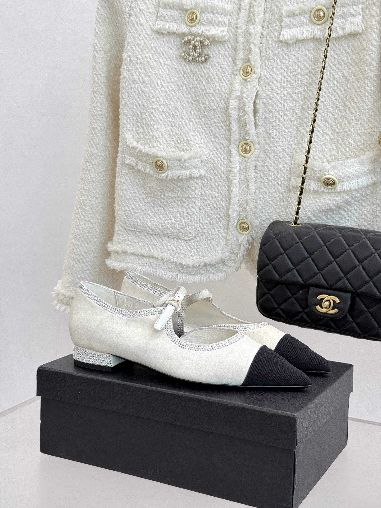 Luxury Chanel Crystal-Embellished Mary Jane Flats – White & Black