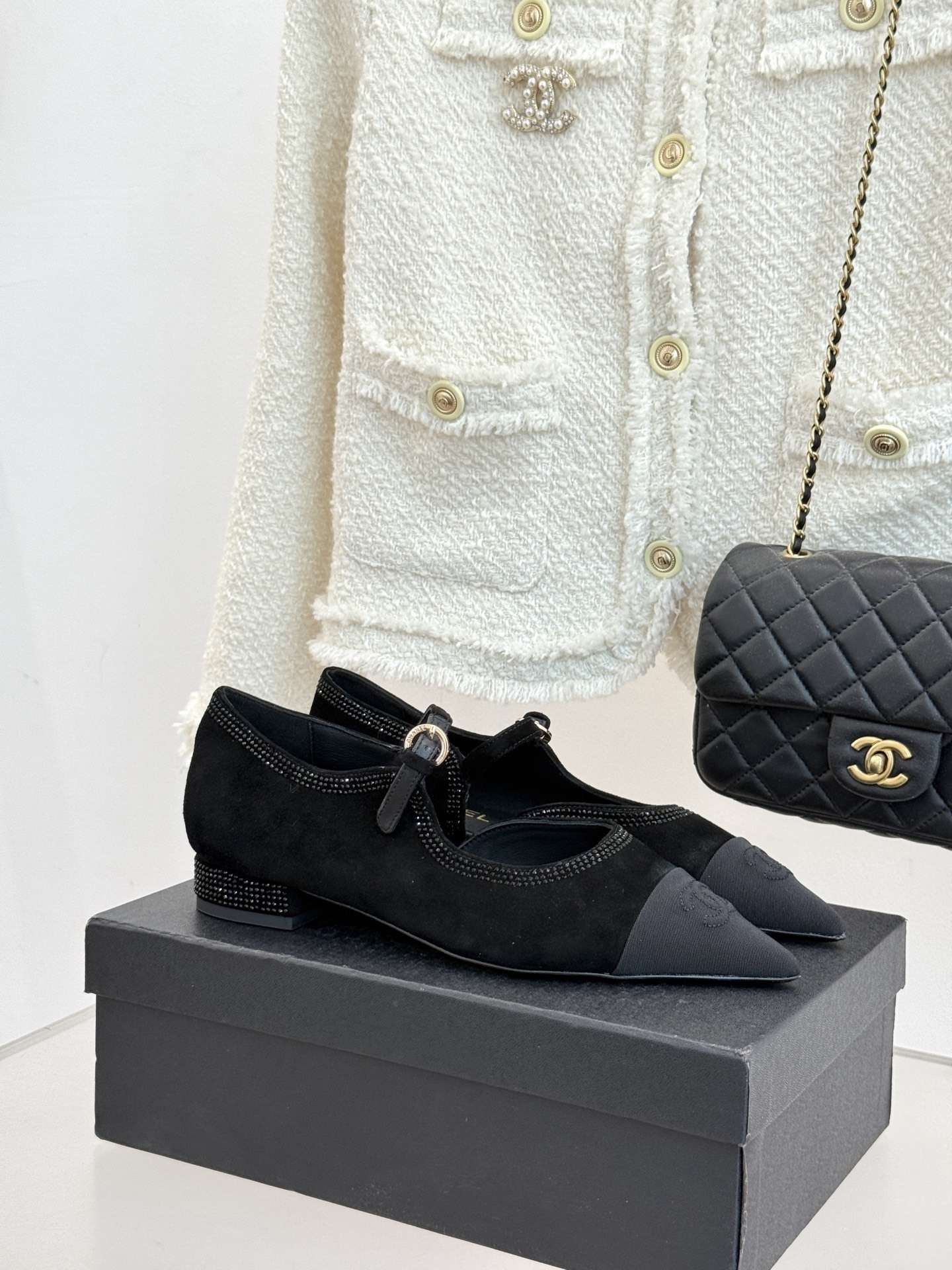 Chanel Black Suede Pointed Toe Mary Jane Flats with Crystal Trim