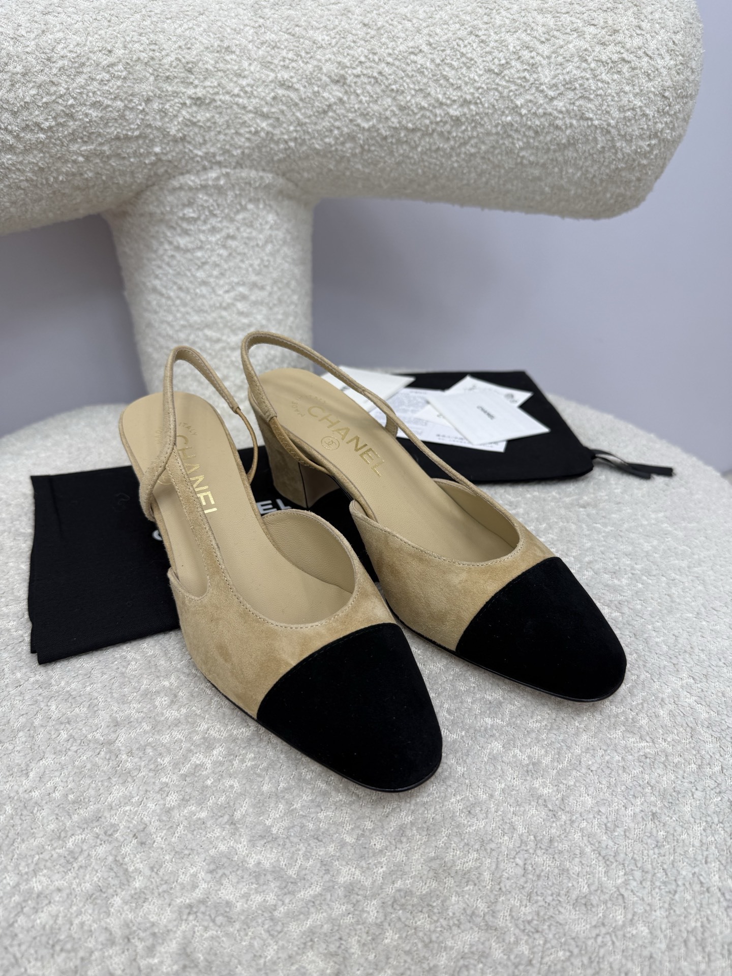 Chanel Two-Tone Beige & Black Suede Slingback Pumps – Block Heel