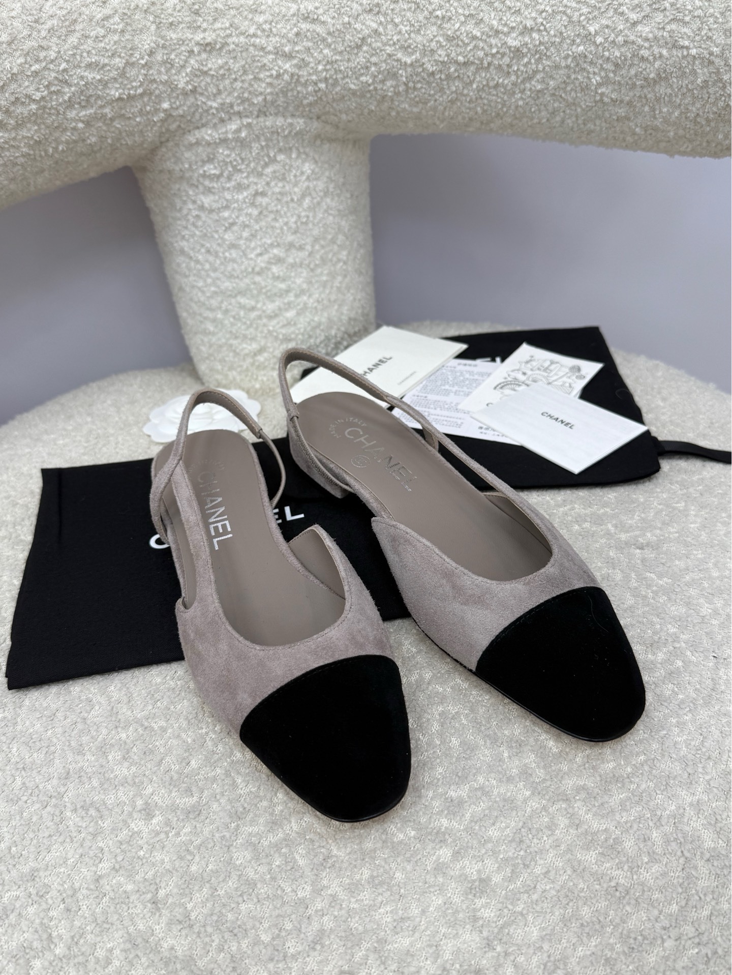 Chanel Luxury Two-Tone Suede Slingback Flats – Grey & Black