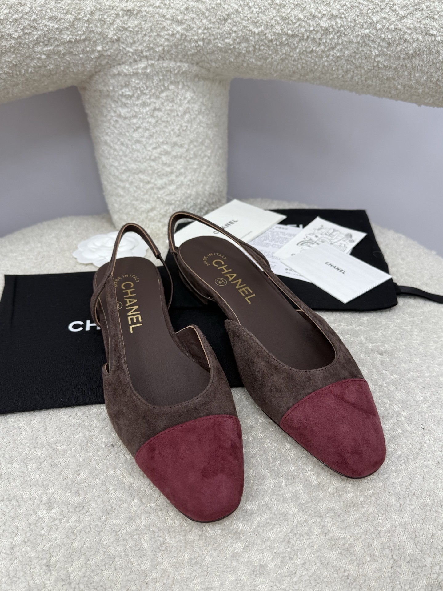 Chanel Two-Tone Suede Slingback Flats in Brown and Burgundy