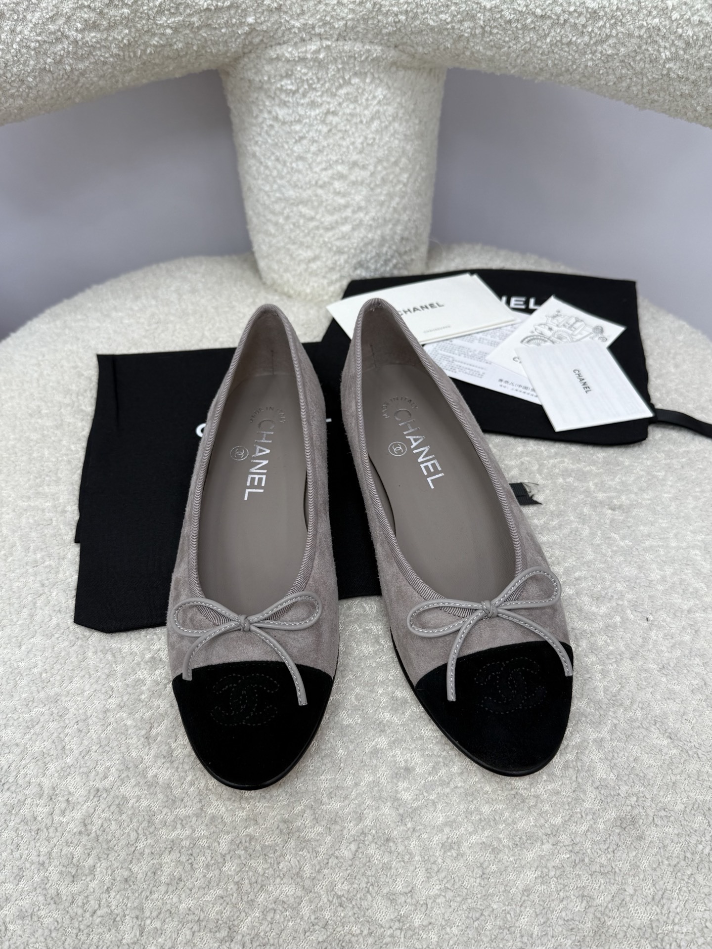 Chanel Grey Suede Ballet Flats with Black Cap Toe and Bow Detail