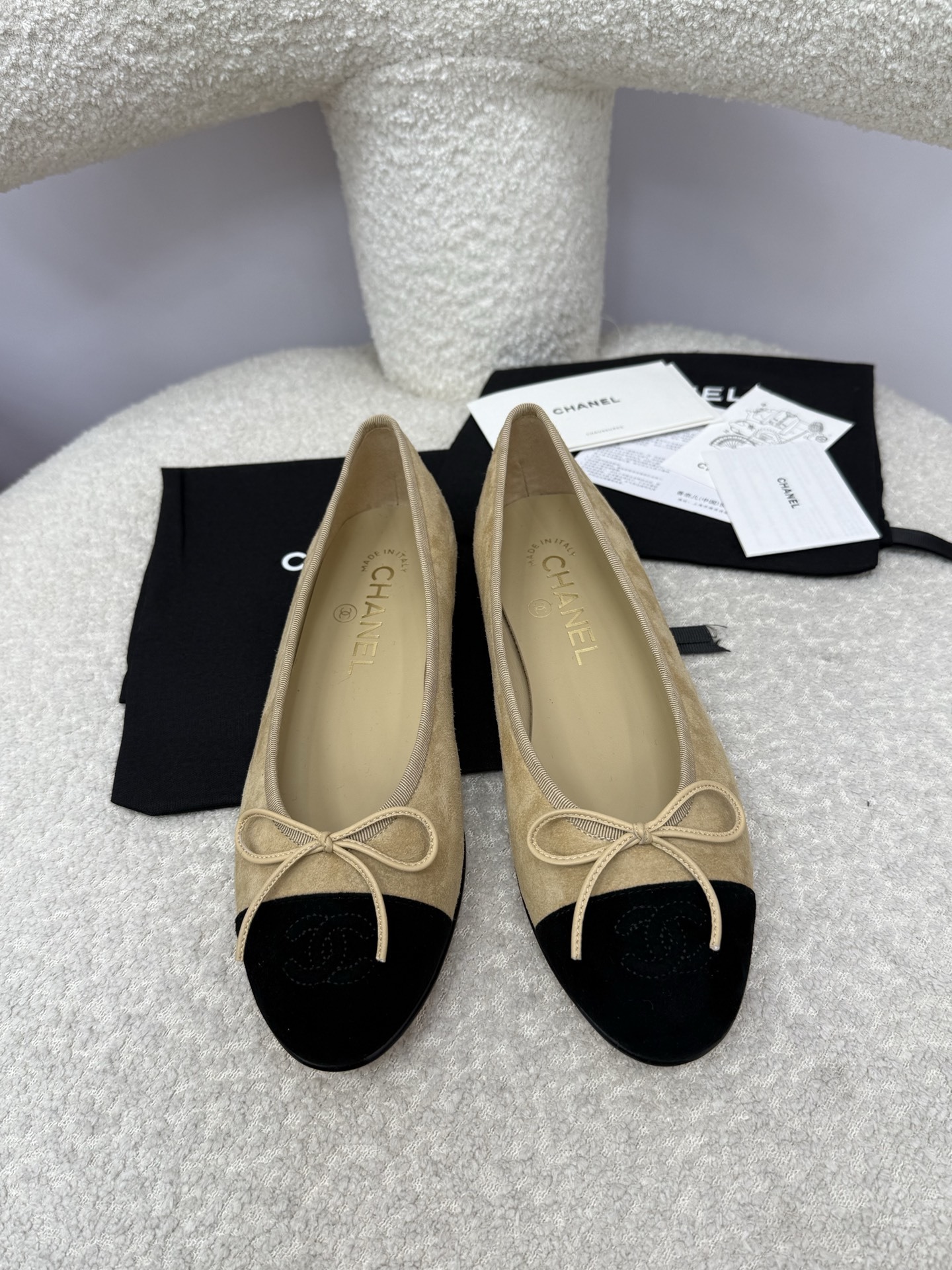 Luxury Chanel Suede Ballerinas – Beige/Black Two-Tone Ballet Flats