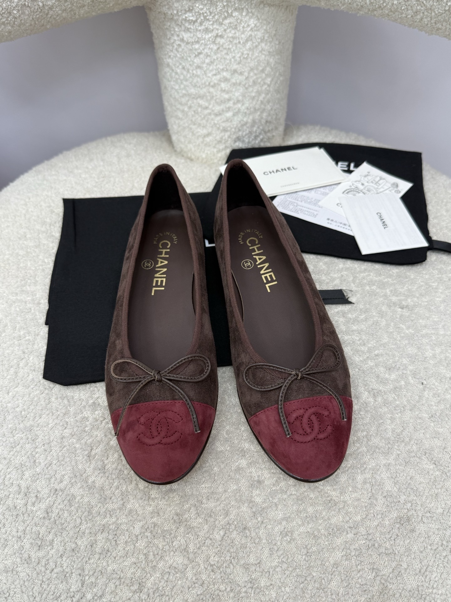 Luxury Chanel Suede Ballerinas – Brown & Burgundy Two-Tone Flats