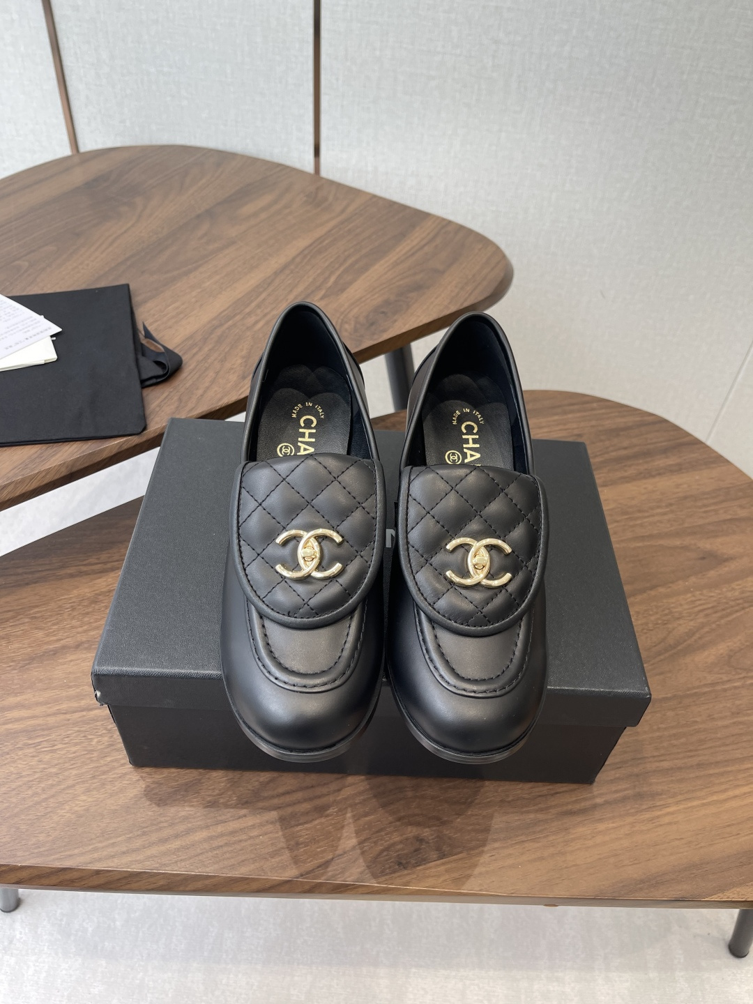 Chanel Black Quilted Leather Block Heel Loafers with Gold CC Logo