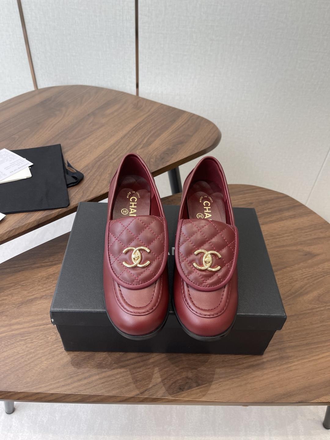 Chanel Burgundy Quilted Leather Loafers with Gold CC Logo