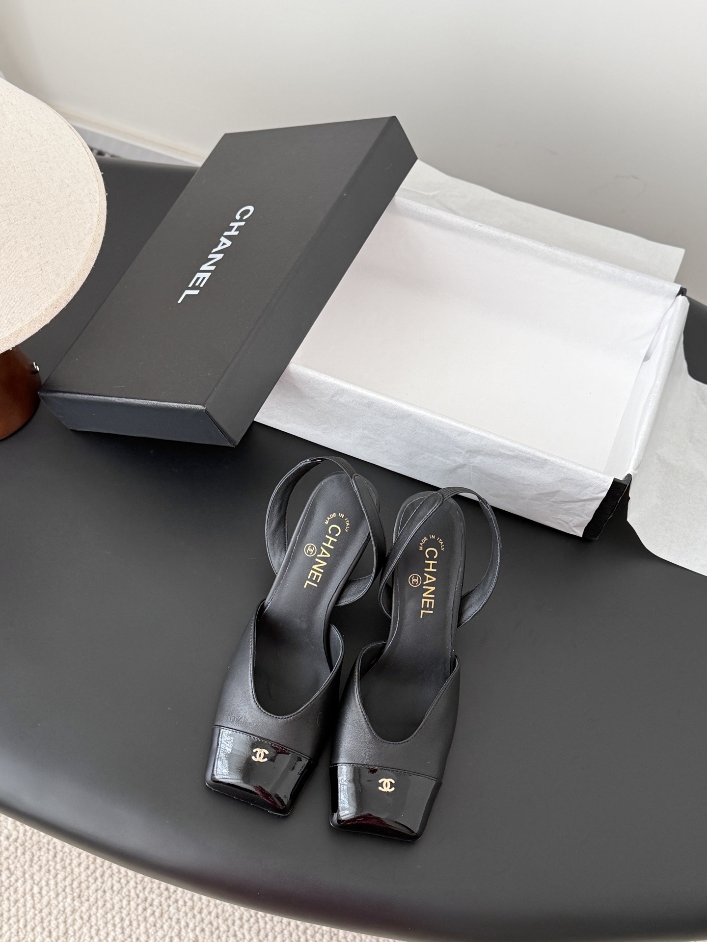 Chanel Black Leather Slingback Pumps – Square Toe Block Heels