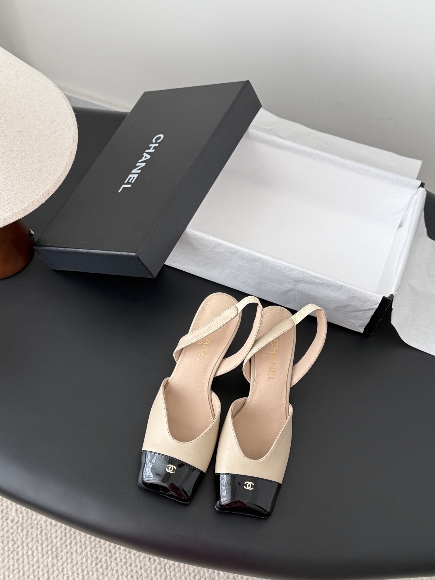 Luxury Chanel Two-Tone Beige & Black Leather Slingback Heels