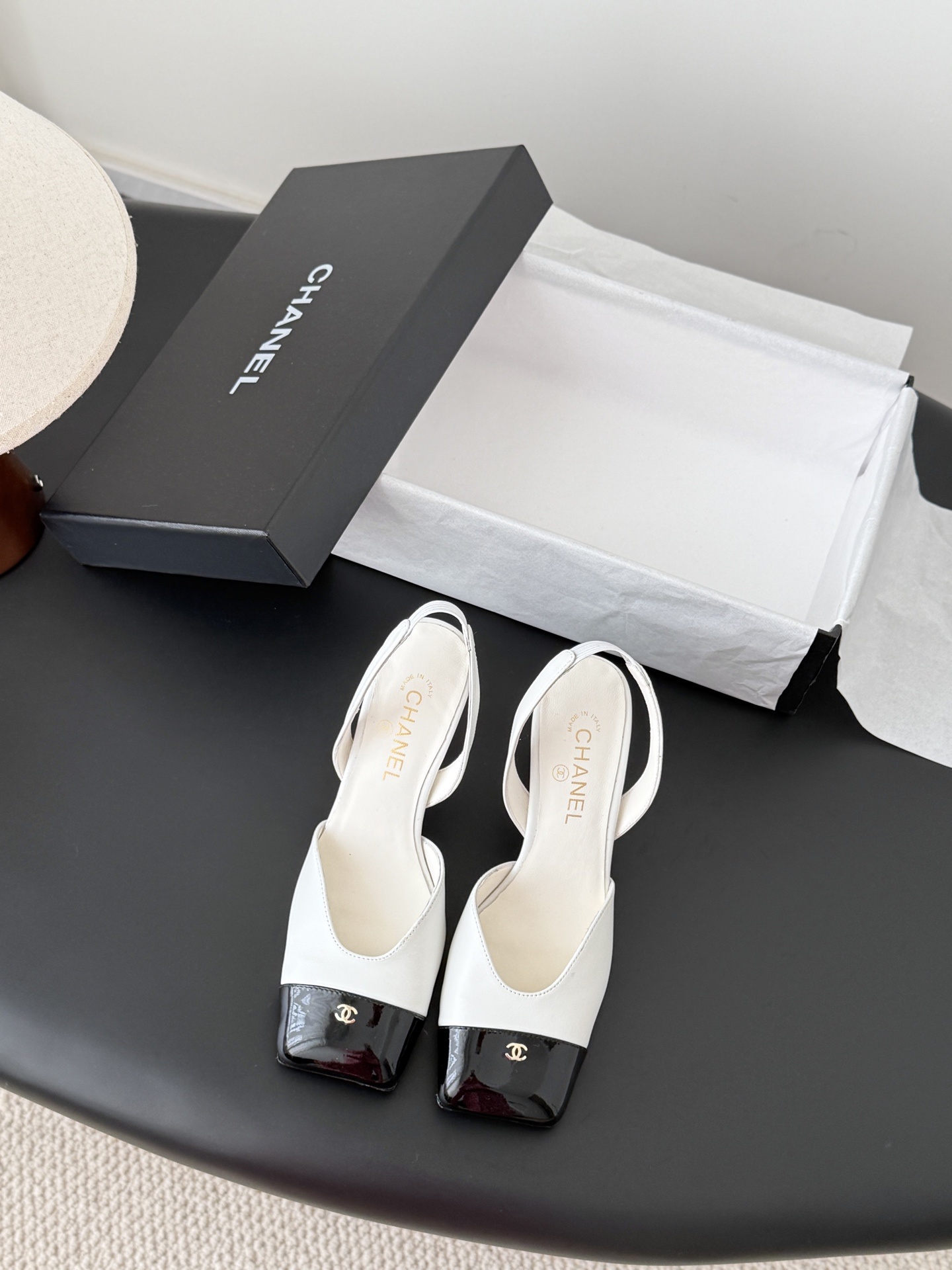 Chanel Two-Tone White and Black Leather Slingback Block Heels