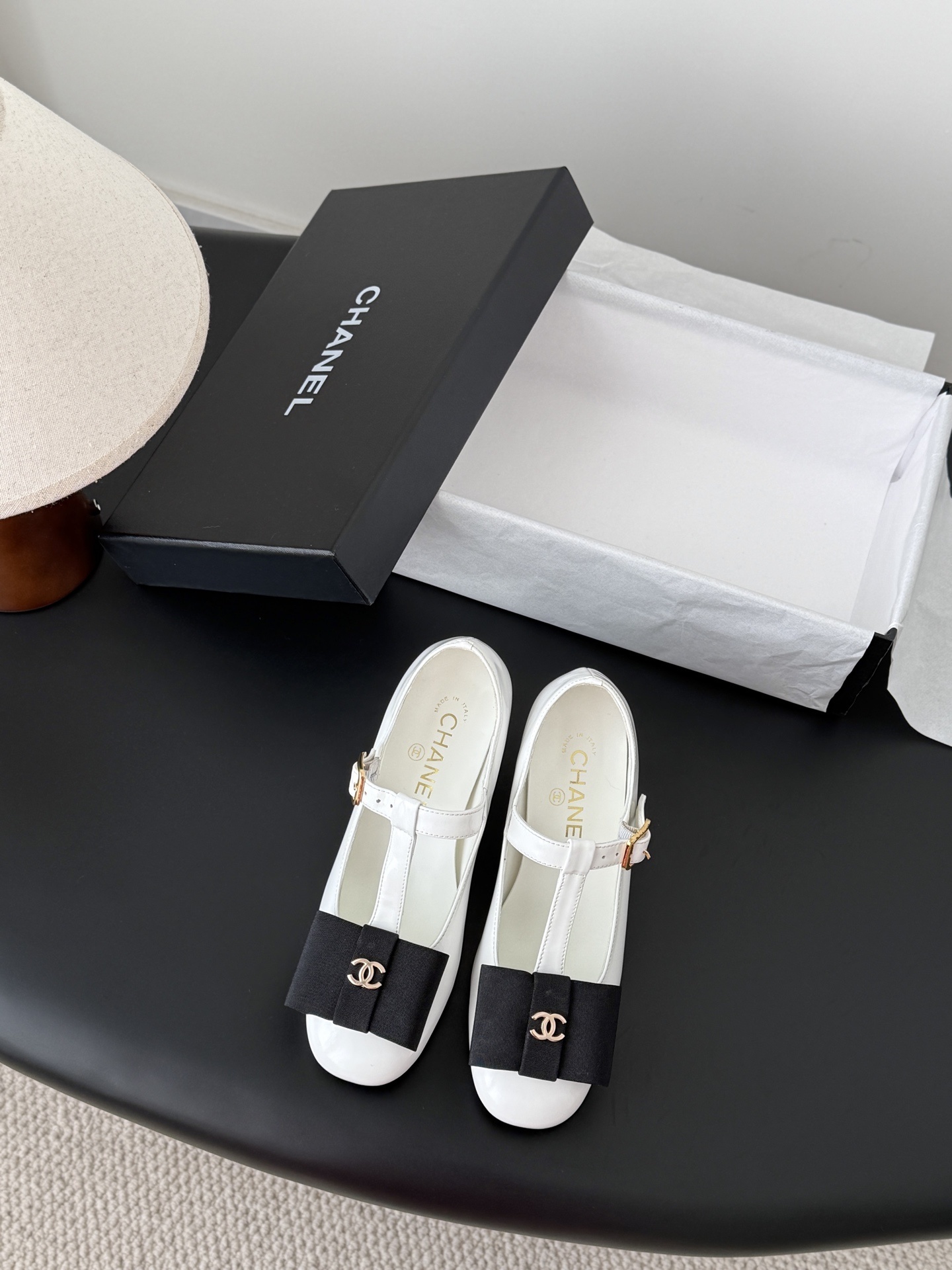 Chanel White Patent Leather Mary Jane Heels with Black Bow