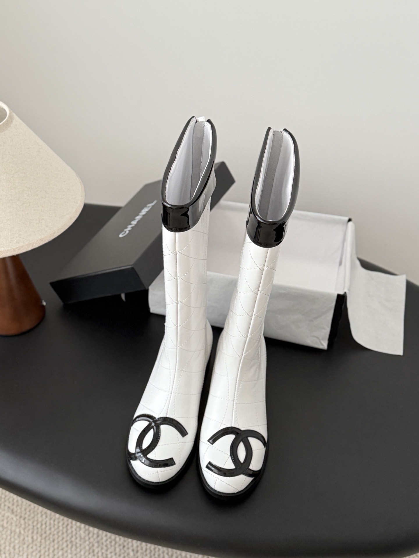 Designer White Quilted Knee High Boots with Black CC Toe Cap