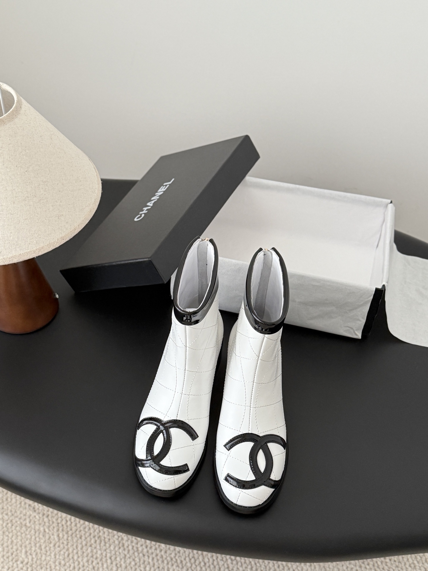 Chanel Quilted White Leather Ankle Boots with Black CC Logo