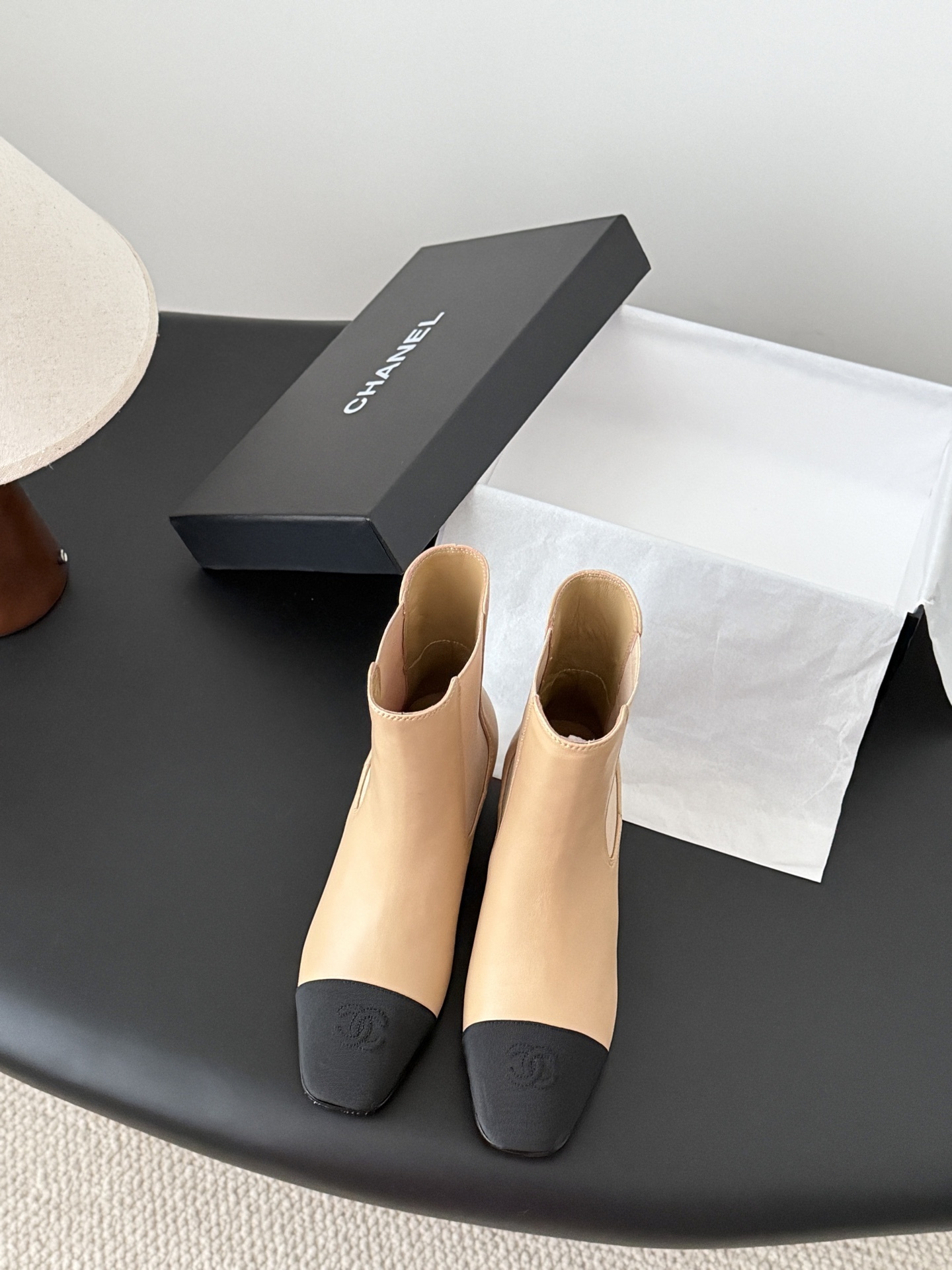 Chanel Two-Tone Beige & Black Leather Ankle Boots with CC Logo