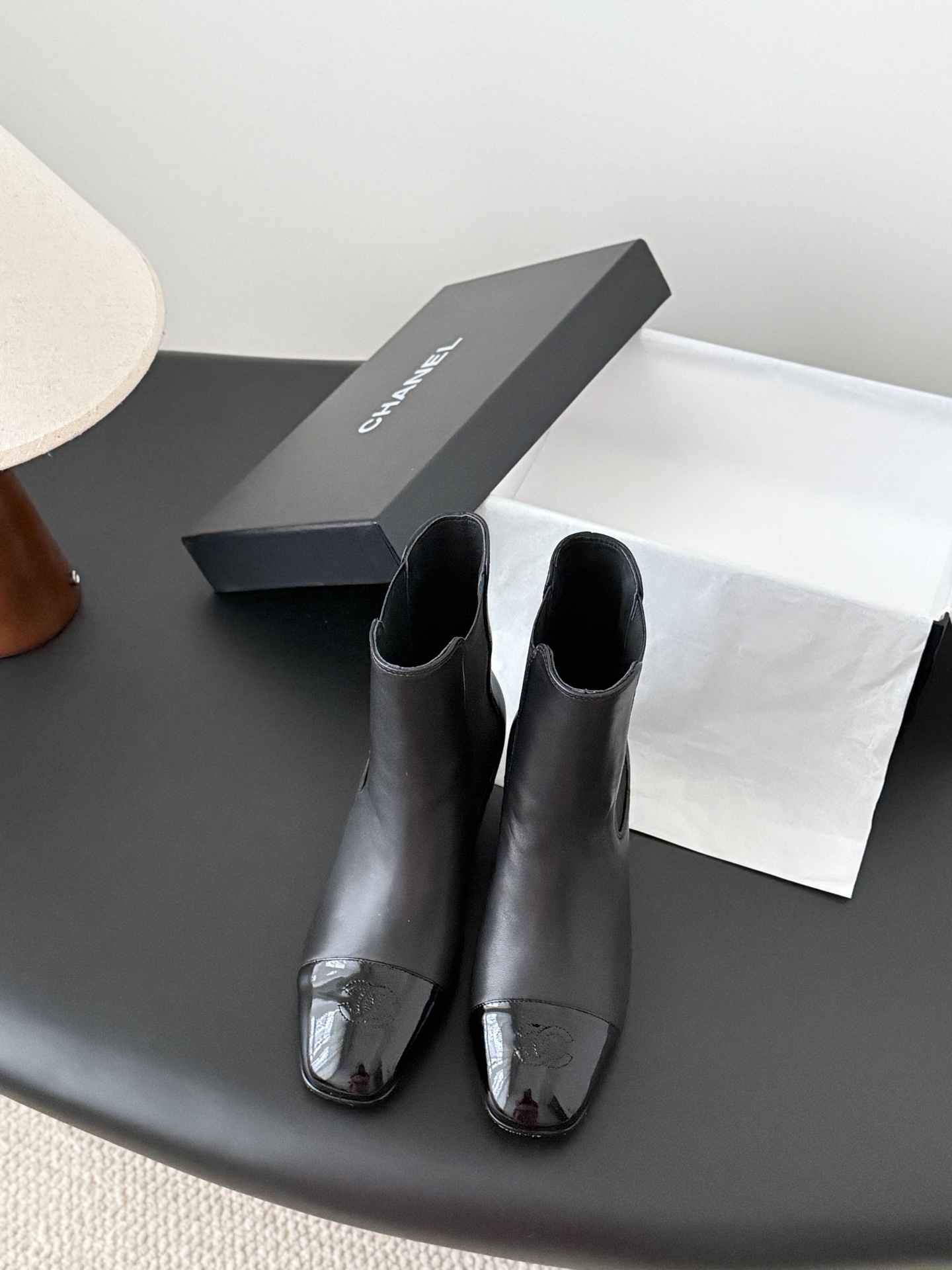 Chanel Black Leather Ankle Boots – Patent CC Cap Toe Block Heel