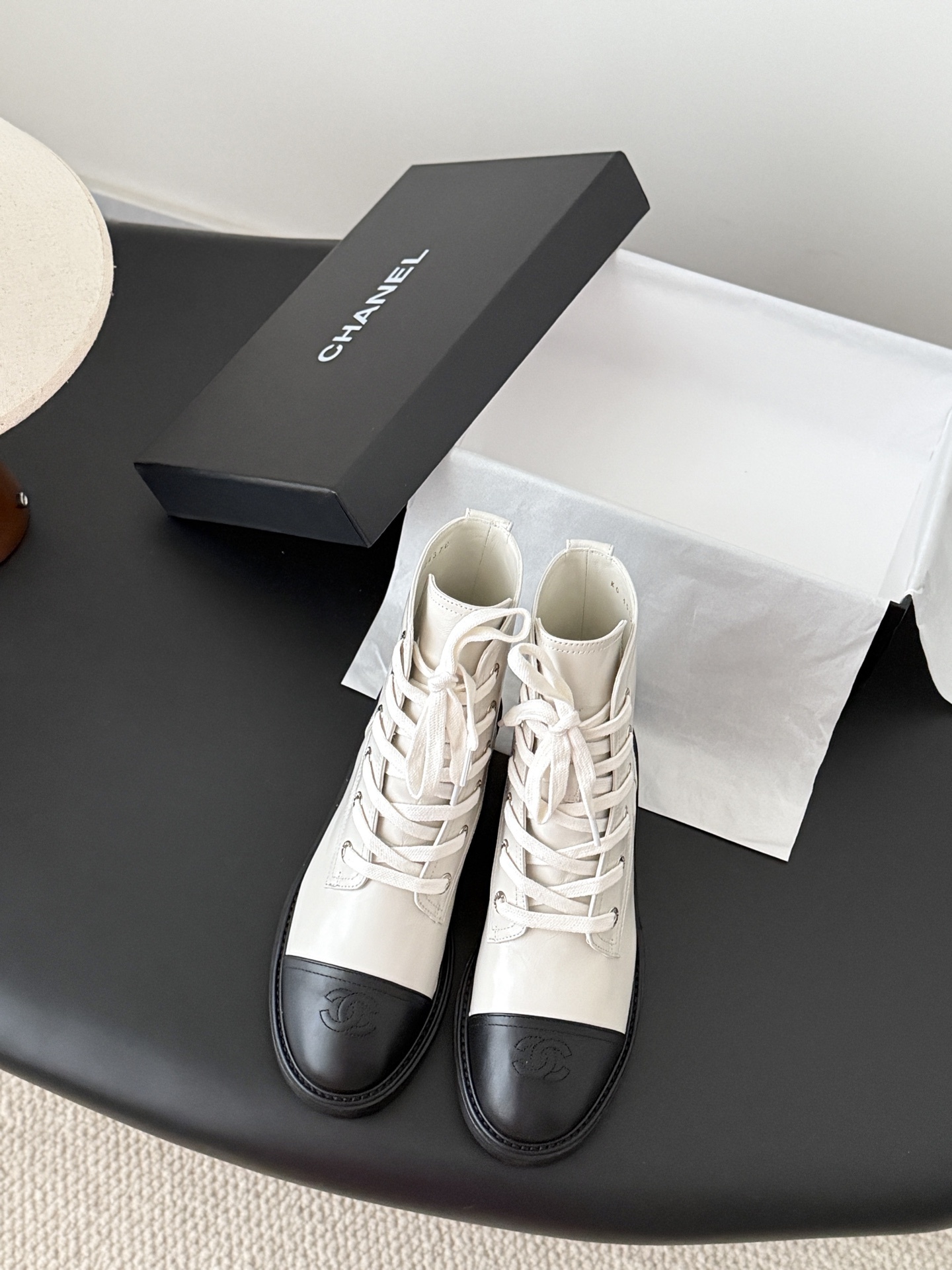 Chanel Two-Tone Leather Combat Boots – Beige and Black