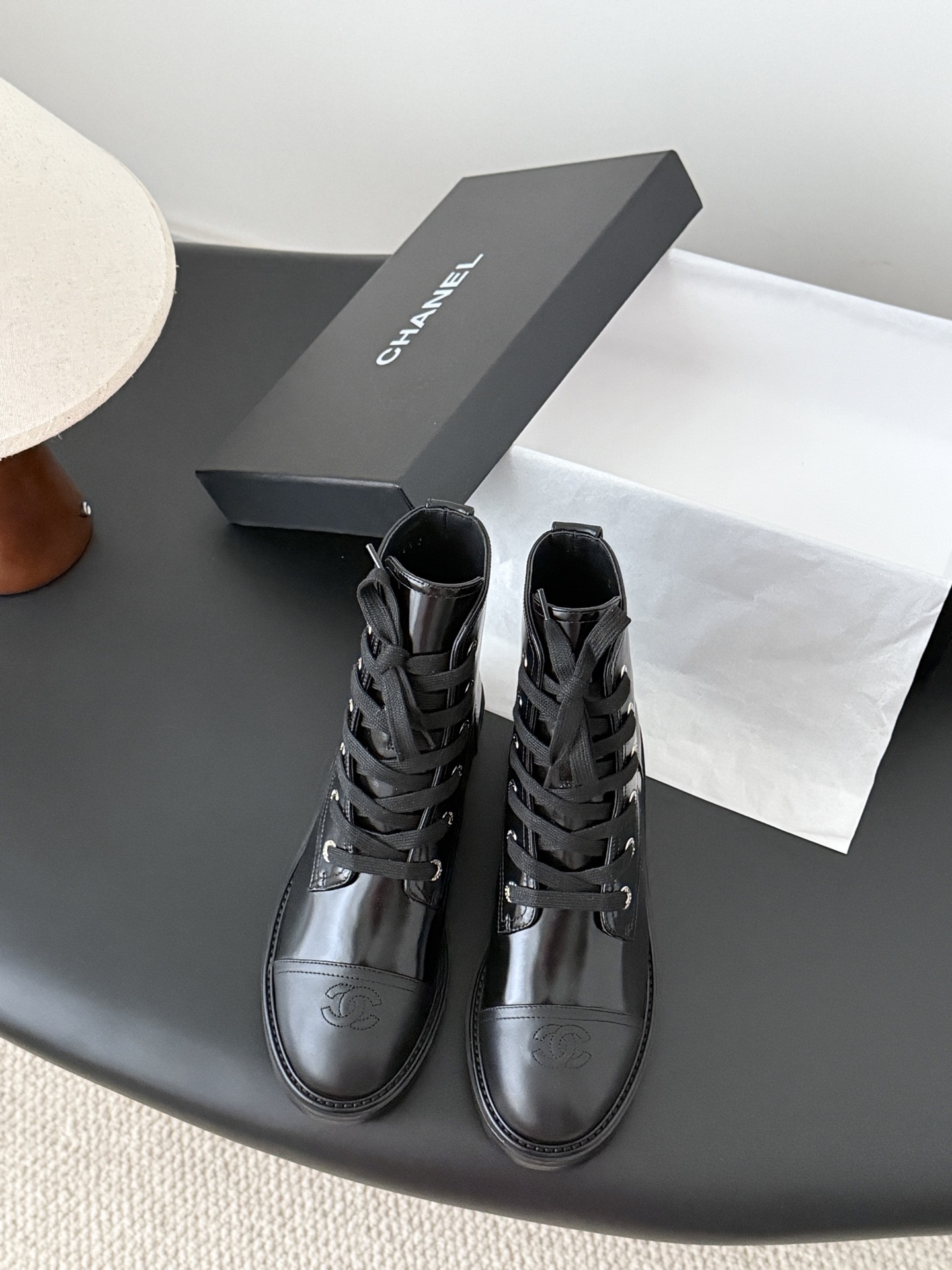Chanel Black Patent Leather Lace-up Combat Boots with CC Logo