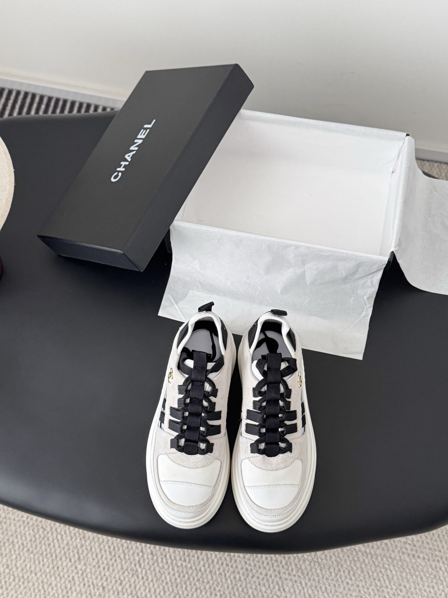 Chanel White and Black Platform Sneakers – Luxury Designer Shoes