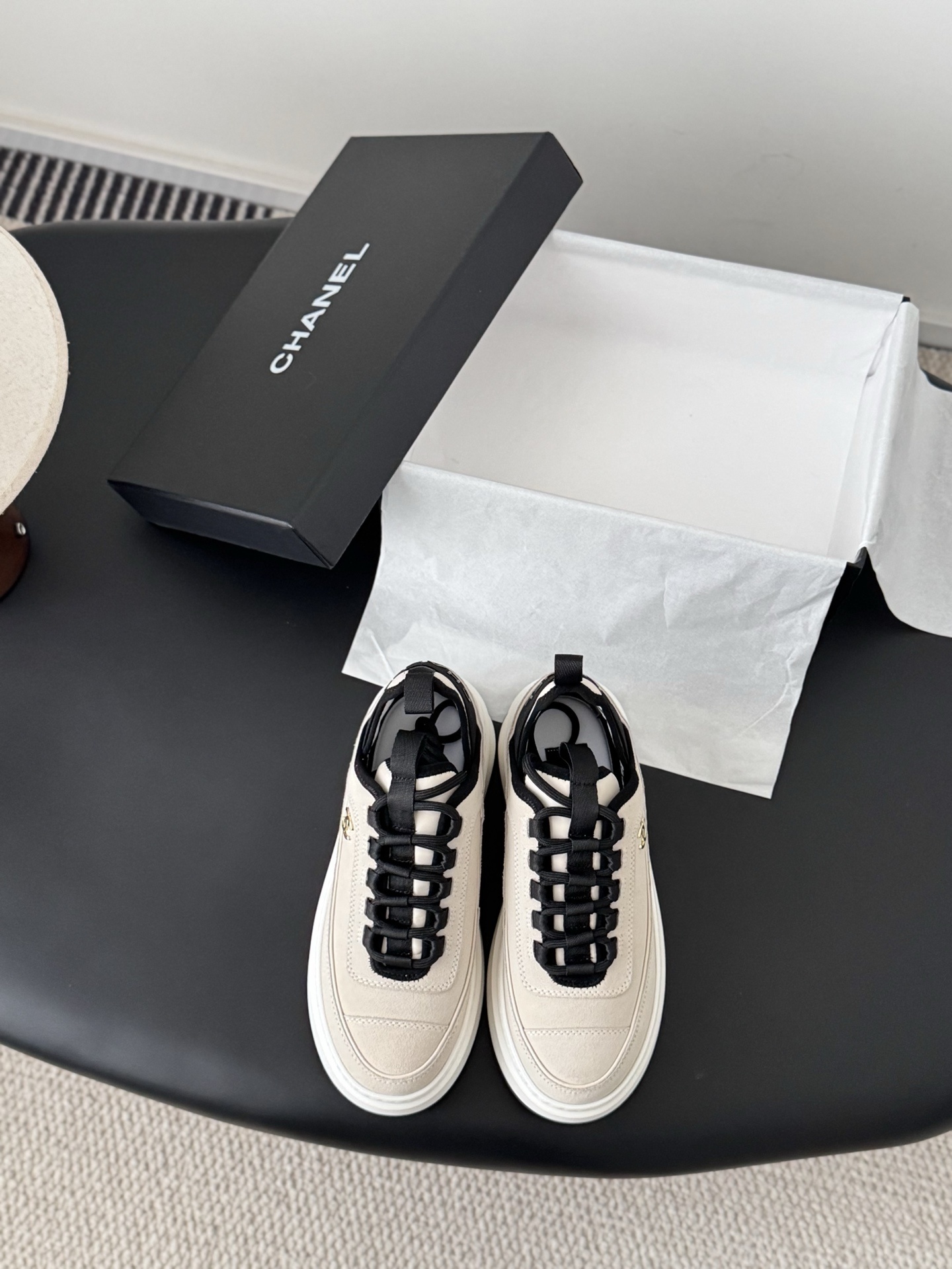 Chanel Women’s Beige Suede Platform Sneakers with Gold CC Logo