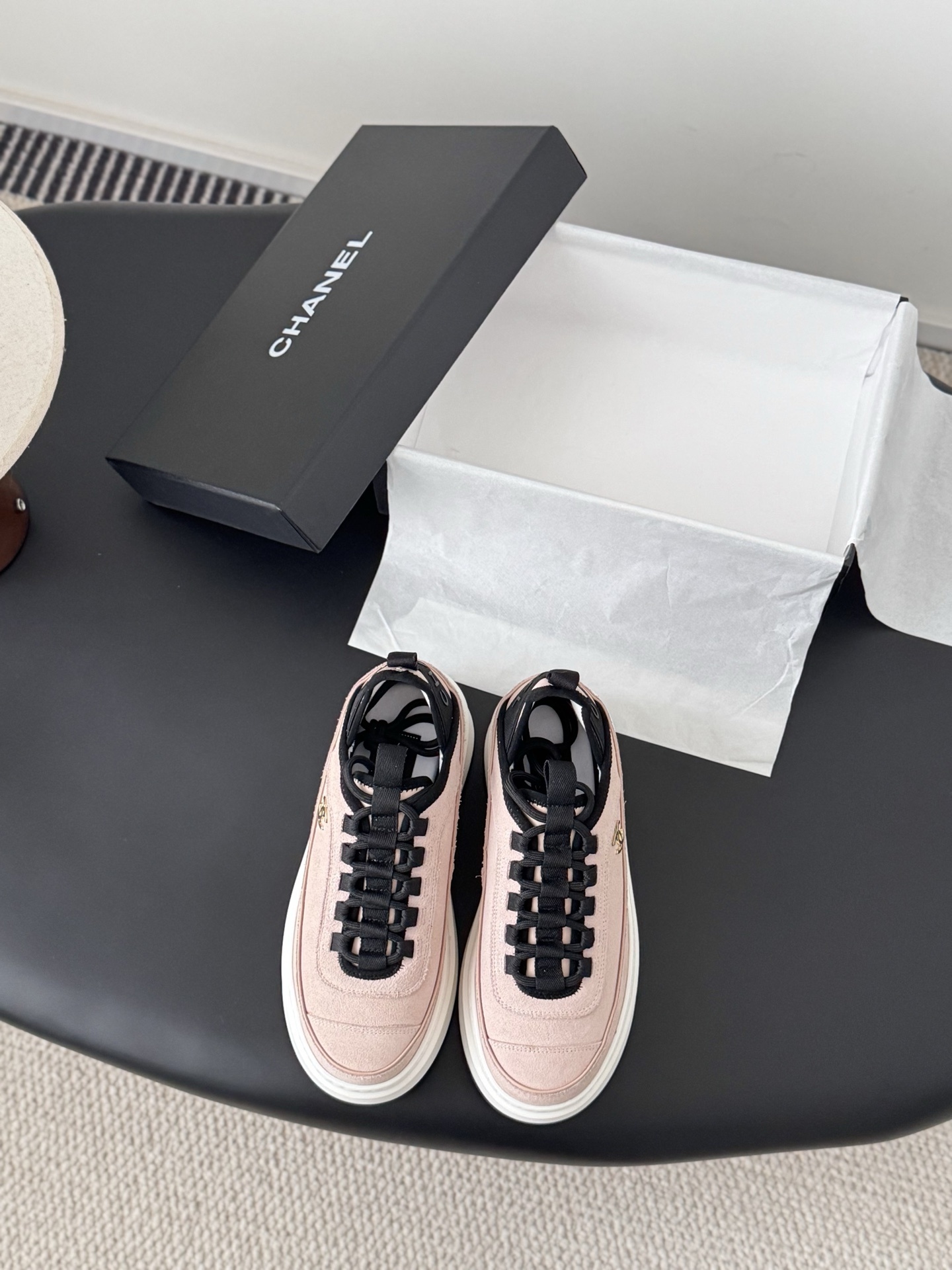 Chanel Pink Suede Platform Sneakers with Black Trim & Gold CC Logo