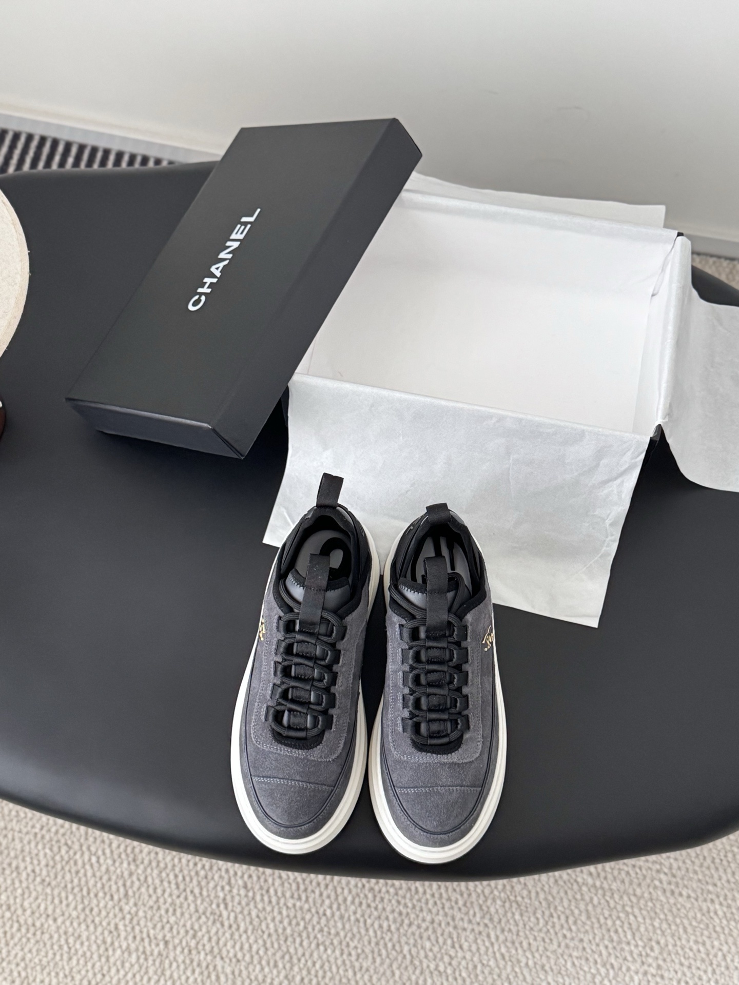 Chanel Grey Suede Platform Sneakers with Gold CC Logo