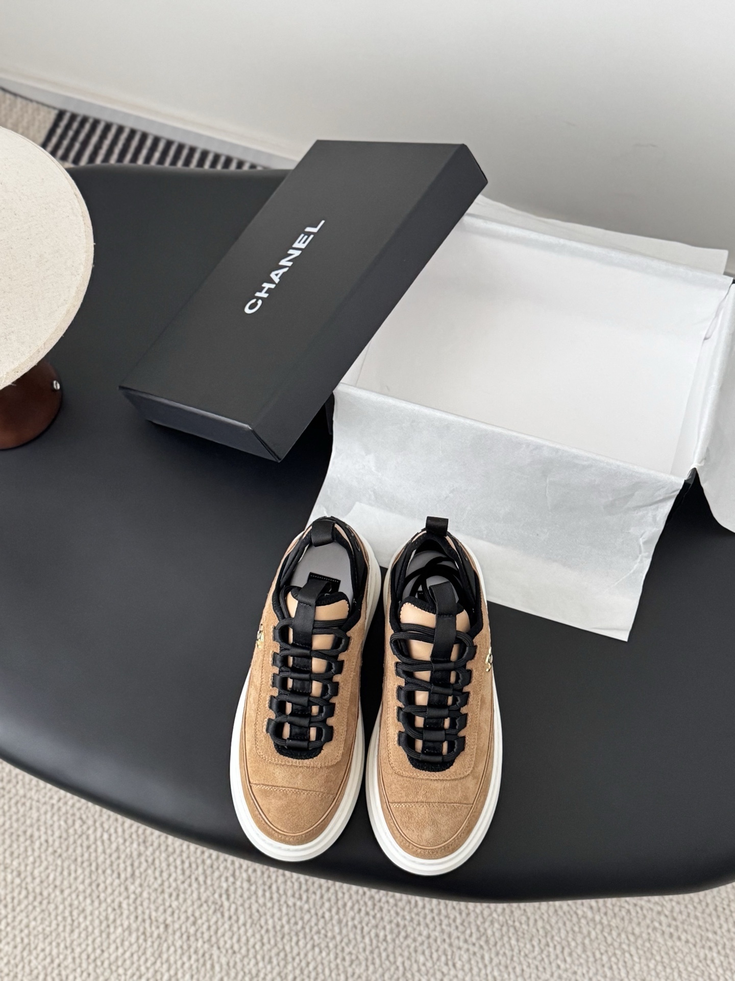Chanel Suede Platform Sneakers – Tan/Black Chunky Luxury Trainers