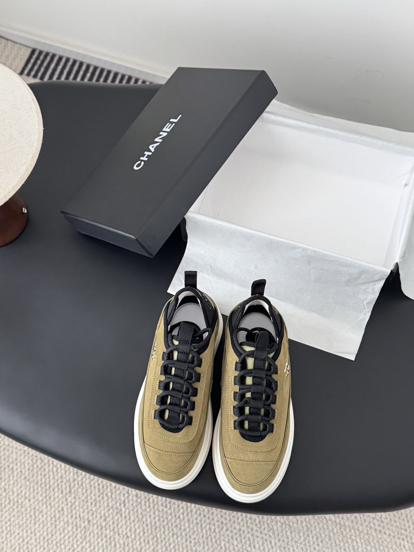 Chanel Luxury Khaki Suede Platform Sneakers – Elegant Chunky Design