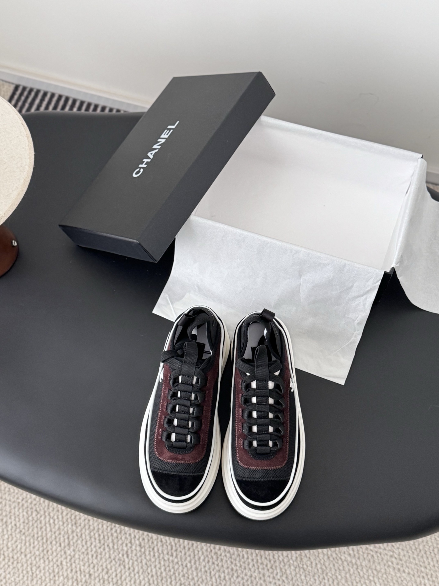 Chanel Platform Sneakers Black & Burgundy Luxury Fashion Shoes